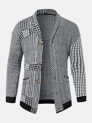 mens houndstooth pattern patchwork lapel button front knit casual cardigans