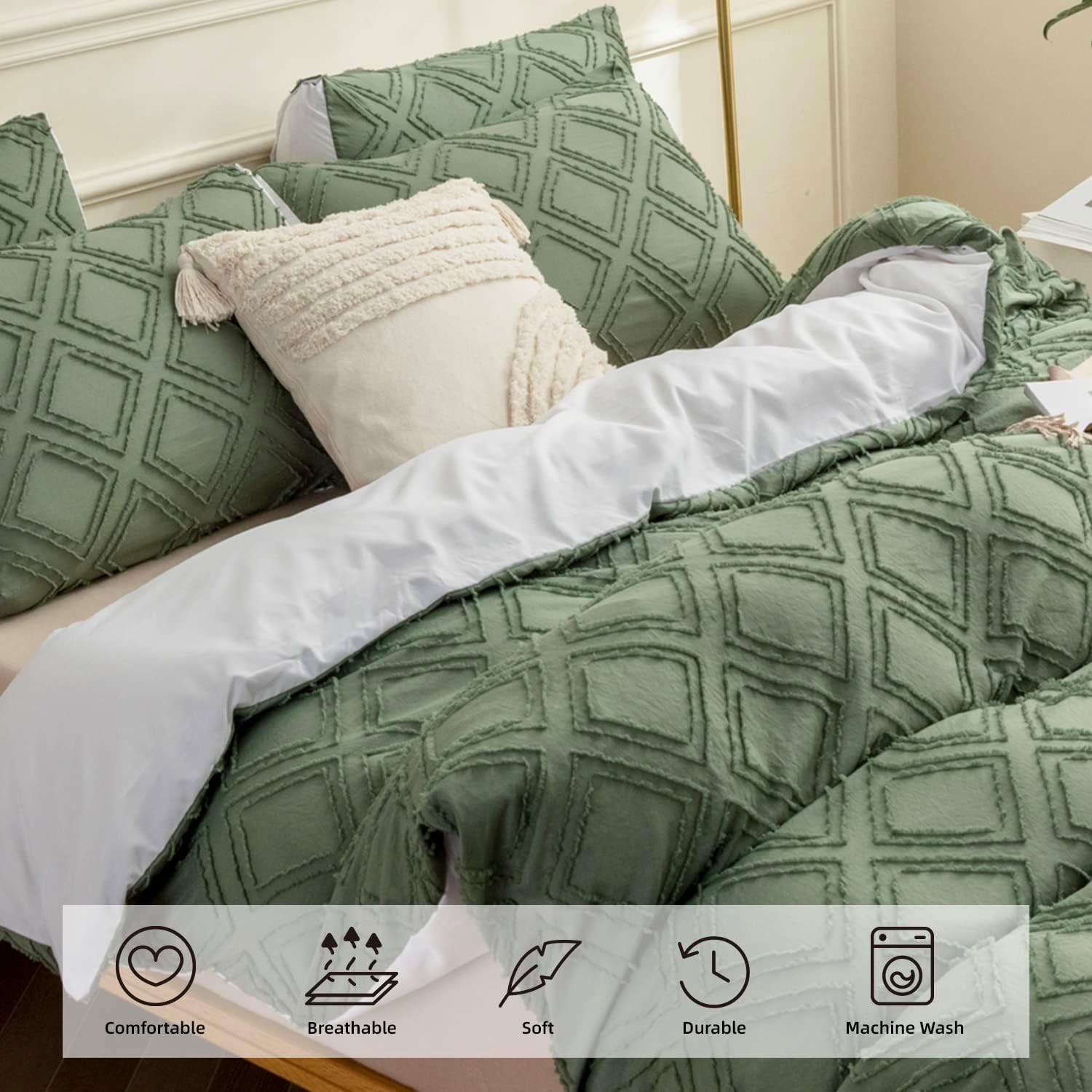 JELLYMONI Reversible Green &amp; White Duvet Cover King Size - 3PCS Microfiber Tufted Duvet Cover, Boho Textured Duvet Cover Jacquard Geometric Pattern Duvet Cover with Corner Ties &amp; Zipper Closure