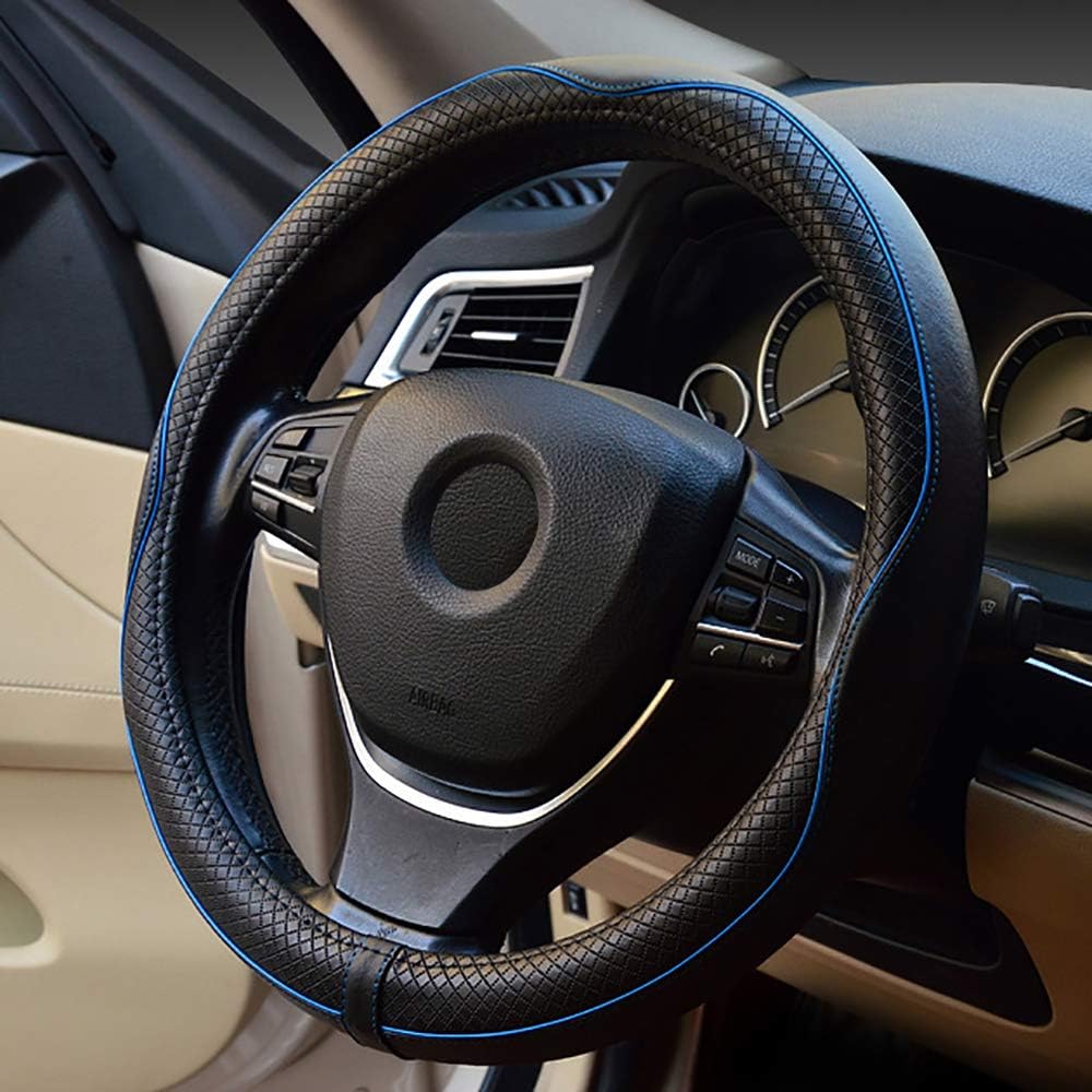 Valleycomfy Steering Wheel Covers Universal 15 inch - Genuine Leather, Breathable, Anti Slip &amp; Odor (Black with Blue Lines, M(14" 1/2-15" 1/4))