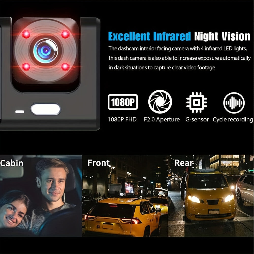 3 Channel Dash Cam Front And Rear Inside, 1080P Car DVR Camera Video Recorder G-Sensor Night Vision/ParMonitor/Accident Lock/Loop Recording