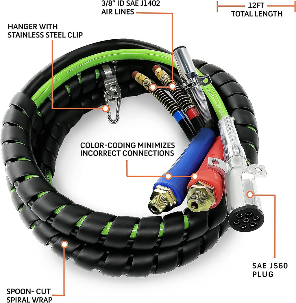 TORQUE 12ft 3 in 1 ABS & Power Air Line Hose Kit Airline Air Hose Wrap 7 Way Electrical Cable Air Lines with Handle Grip Airlines for Semi Truck Trailer Tractor (TR813212)