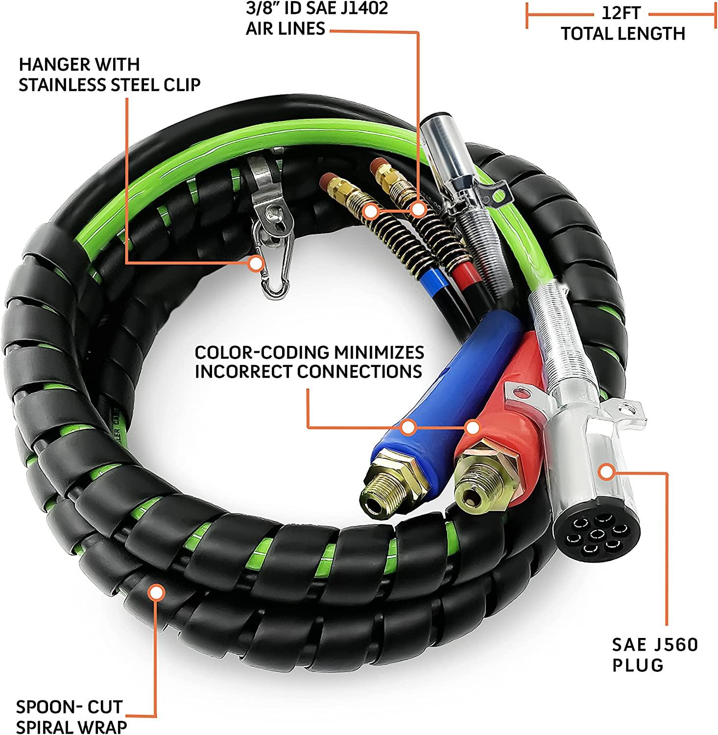 TORQUE 12ft 3 in 1 ABS & Power Air Line Hose Kit Airline Air Hose Wrap 7 Way Electrical Cable Air Lines with Handle Grip Airlines for Semi Truck Trailer Tractor (TR813212)