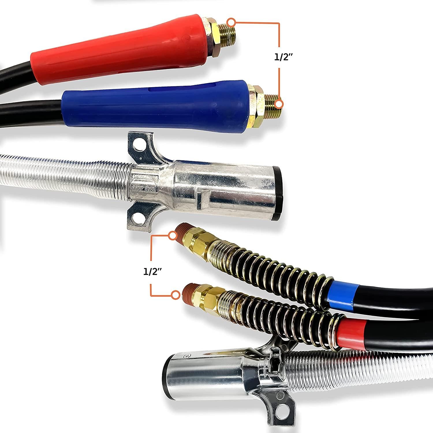 TORQUE 12ft 3 in 1 ABS & Power Air Line Hose Kit Airline Air Hose Wrap 7 Way Electrical Cable Air Lines with Handle Grip Airlines for Semi Truck Trailer Tractor (TR813212)