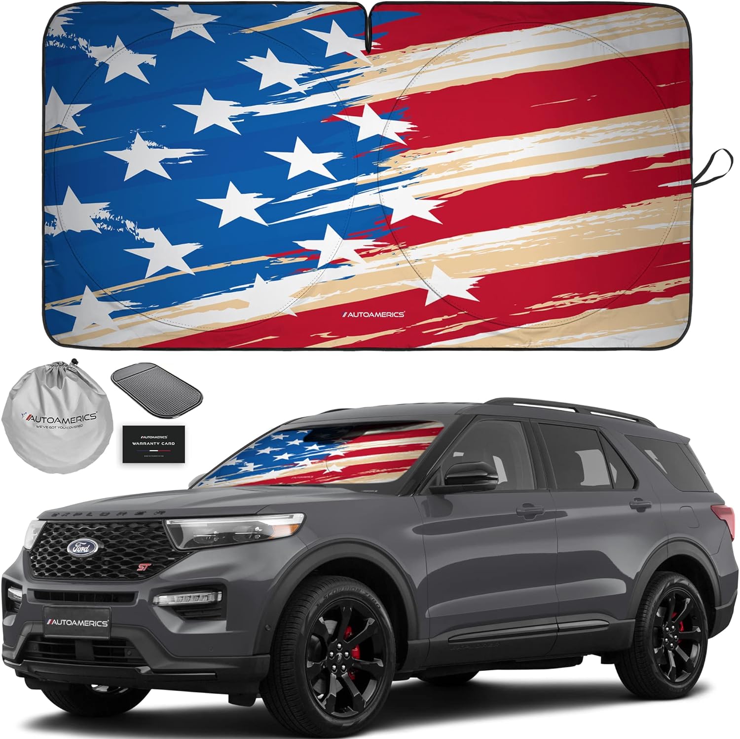 Autoamerics 1-Piece Windshield Sun Shade USA Art Flag - 1 American  - Foldable Car Front Window Sunshade for Most Sedans SUV Truck - Blocks Max UV Rays and Keeps Your Vehicle Cool - Medium