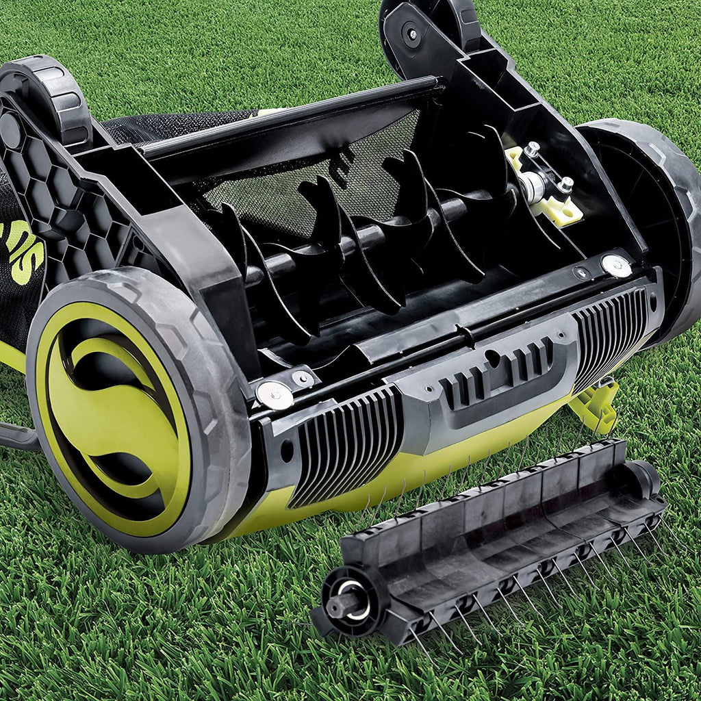 Sun Joe AJ798E 12-Amp 13-Inch Electric Dethatcher and Scarifier w/Removeable 8-Gallon Collection Bag, 4-Position Height Adjustment, Airboost Technology Increases Lawn Health