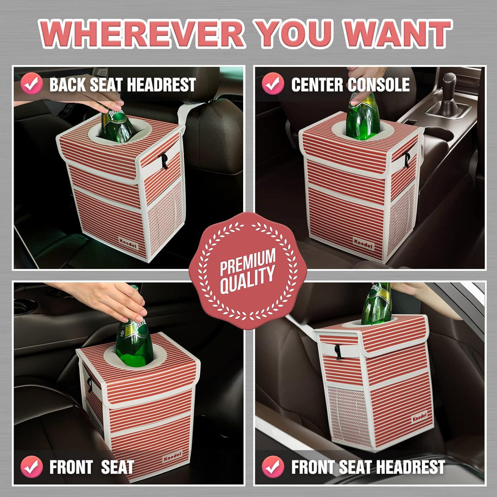 K KNODEL Car Trash Can, Waterproof Car Garbage Can, Car Trash Bag with Lid, Leak-Proof Car Trash Bin, Car Trash Hanging (Red, Medium)