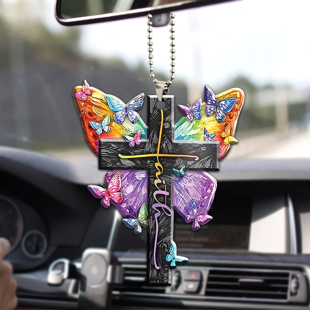 1pc Butterfly Cross Car Ornament, Christmas Tree Decoration Hanging Ornament Keychain Accessories Car Interior Accessories Couple Gifts