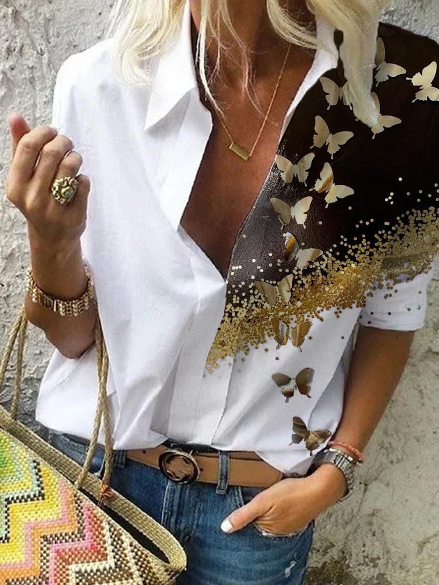 Casual Butterfly Print V-neck Blouse Women