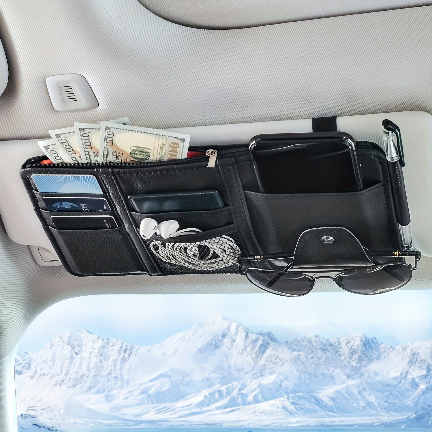 Car Sun Visor Organizer, Car Glasses Clip StoraPocket Sunglasses Holder With Zipper Pocket For Car, Truck, SUV Auto Interior Accessories