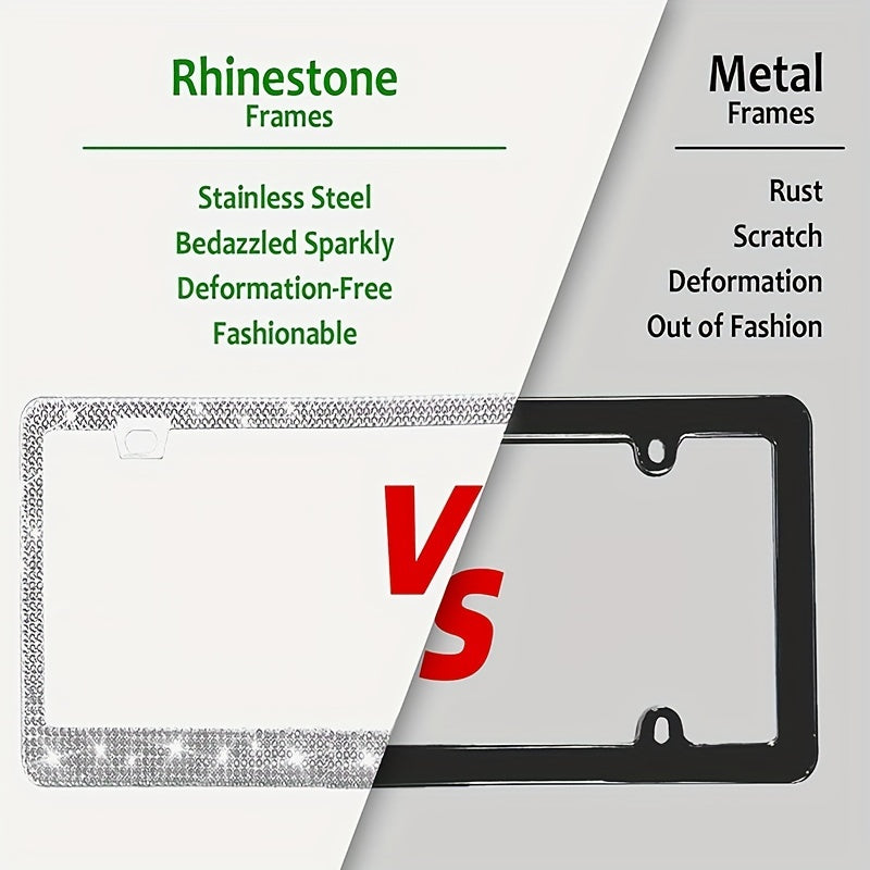 2pcs Luxurious Bling License Plate Frames - Handcrafted  Steel Frames with Artificial Diamonds - Sparkly Car License Plate Cover