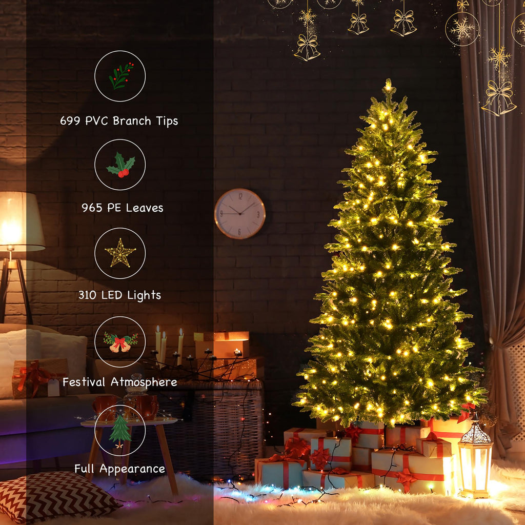 Costway 6FT Pre-Lit Hinged Christmas Tree 1664 PE &amp; PVC Tips w/ 310 Lights &amp; Foot Switch