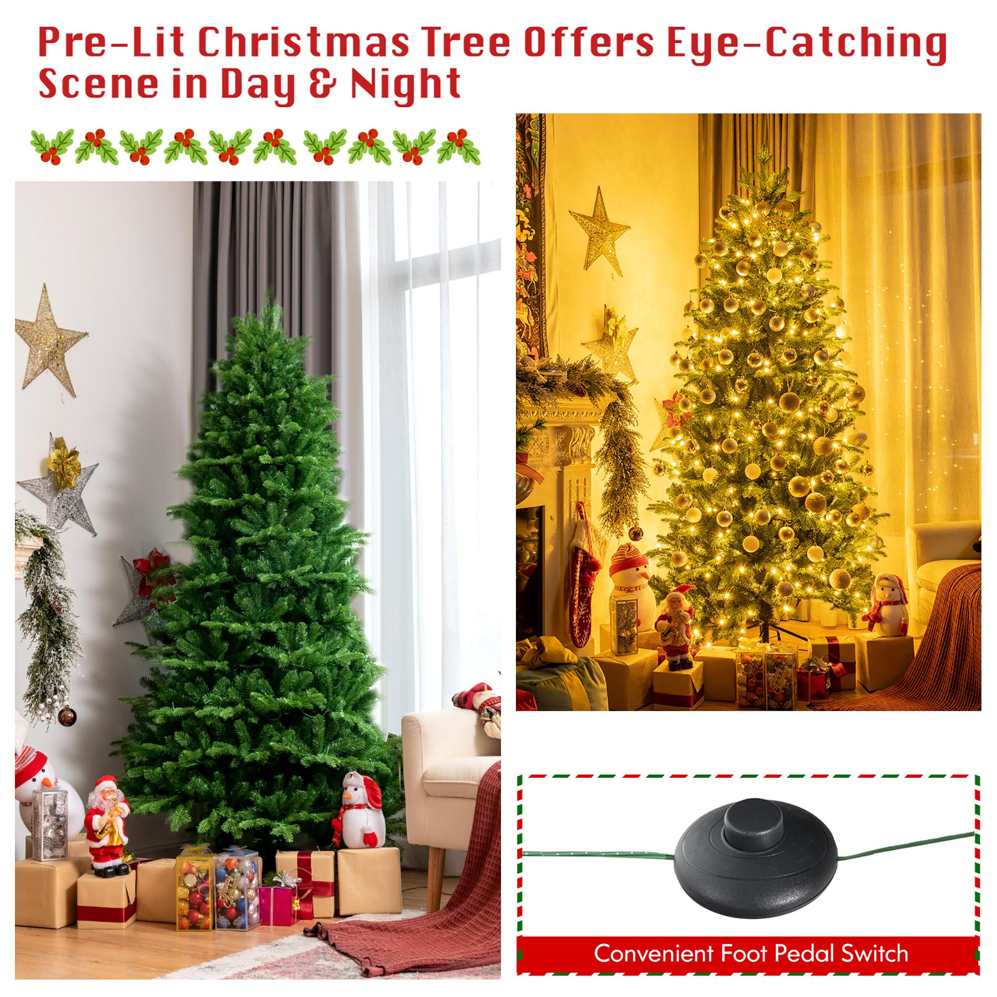 Costway 6FT Pre-Lit Hinged Christmas Tree 1664 PE &amp; PVC Tips w/ 310 Lights &amp; Foot Switch