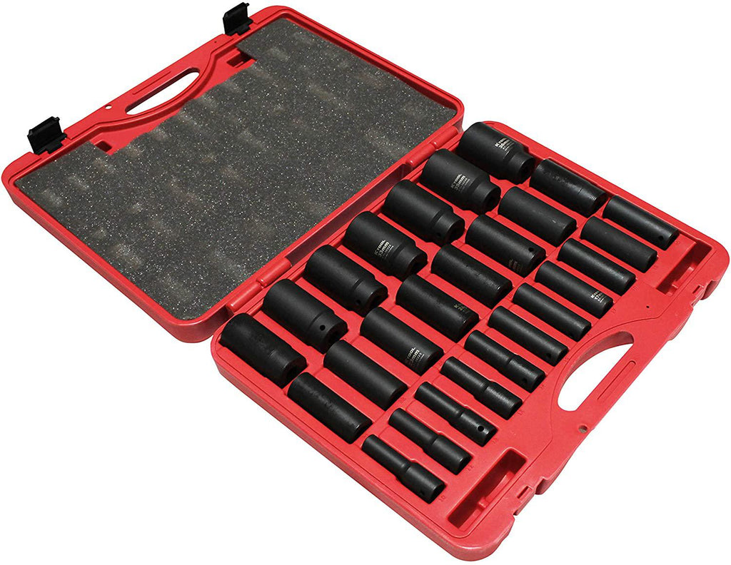 K Tool International Deep Impact Socket Set, 26-Piece 1/2" Drive, 6-Point (10mm-36mm); Durable Heat Treated Chrome-Moly Steel, Laser Engraved Sizes; KTI38202
