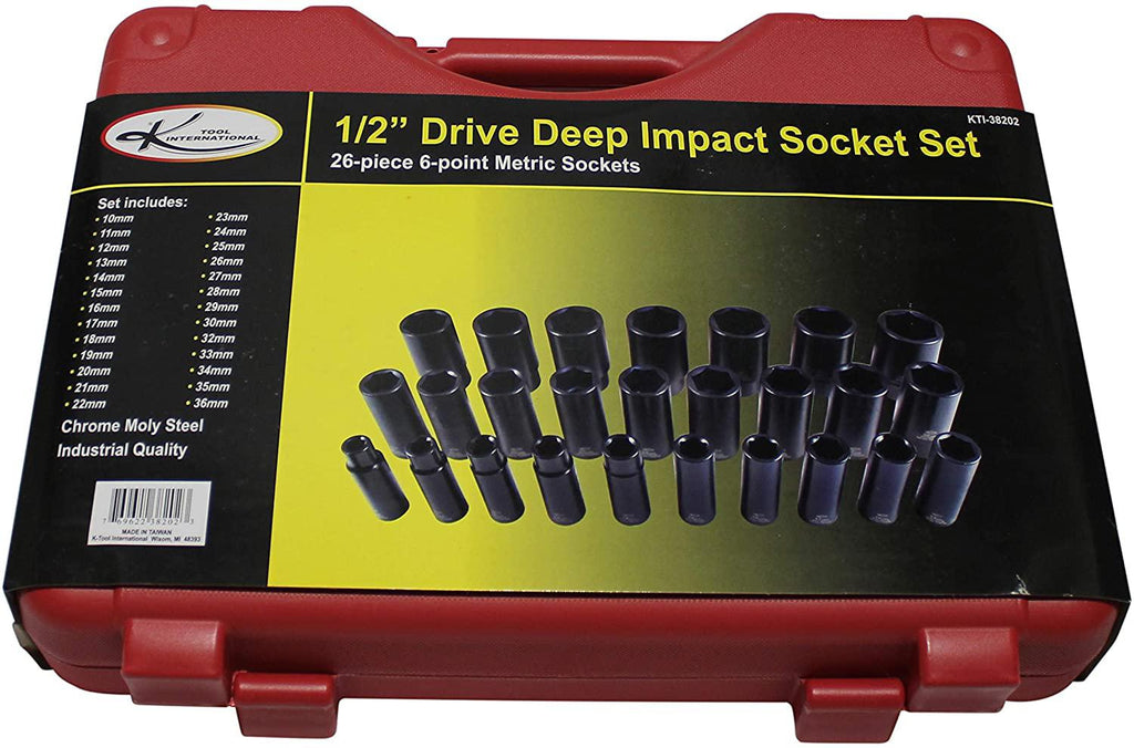 K Tool International Deep Impact Socket Set, 26-Piece 1/2" Drive, 6-Point (10mm-36mm); Durable Heat Treated Chrome-Moly Steel, Laser Engraved Sizes; KTI38202