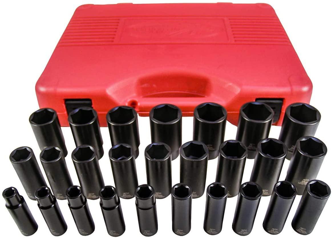 K Tool International Deep Impact Socket Set, 26-Piece 1/2" Drive, 6-Point (10mm-36mm); Durable Heat Treated Chrome-Moly Steel, Laser Engraved Sizes; KTI38202