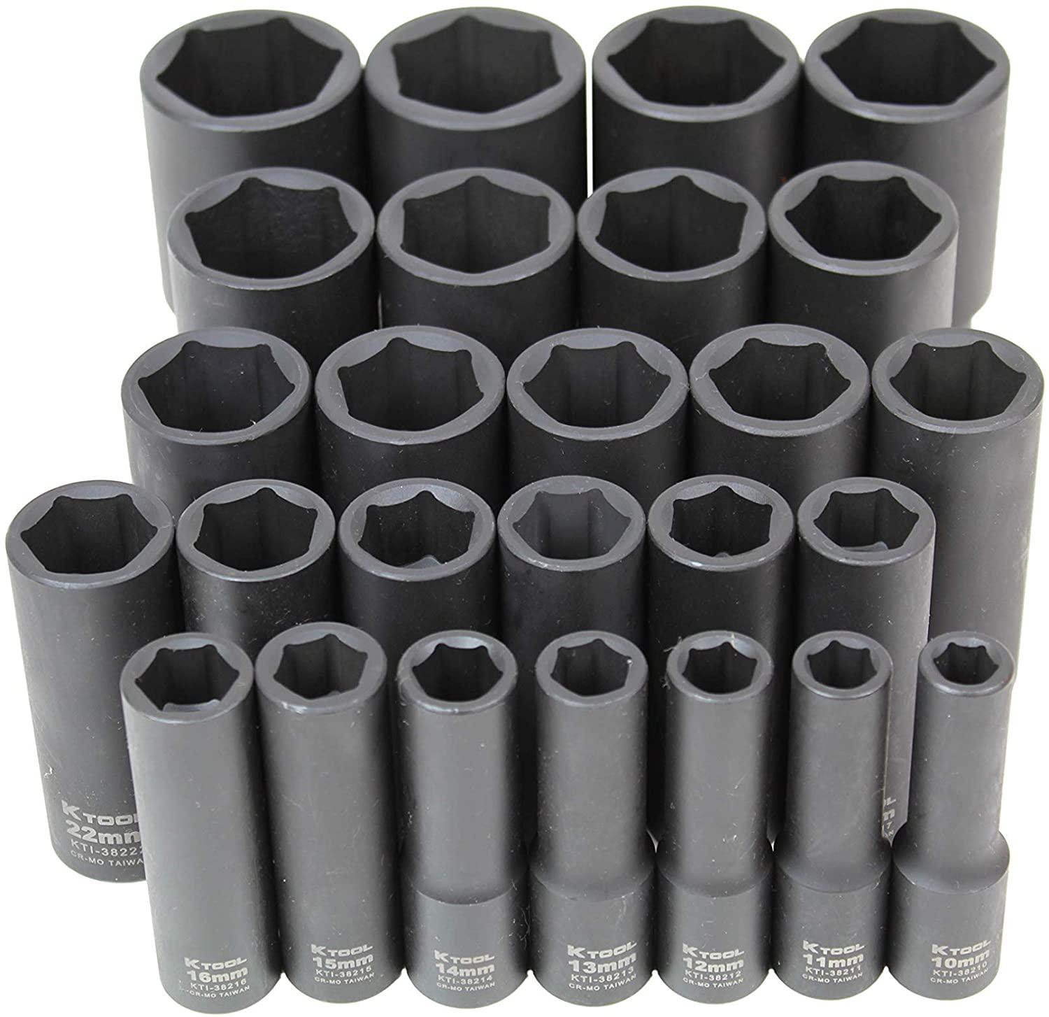 K Tool International Deep Impact Socket Set, 26-Piece 1/2" Drive, 6-Point (10mm-36mm); Durable Heat Treated Chrome-Moly Steel, Laser Engraved Sizes; KTI38202
