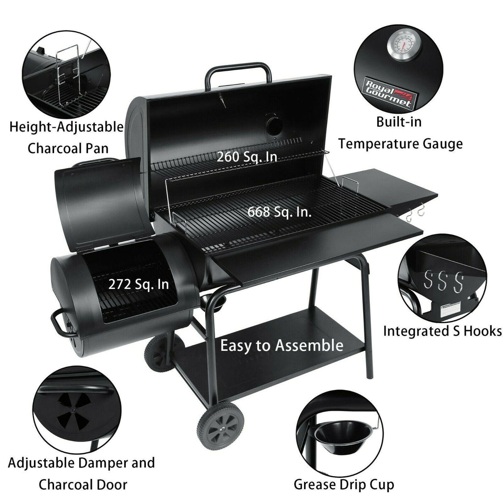 36IN Outdoor BBQ Barrel Charcoal Grill with Offset Smoker CC2036F