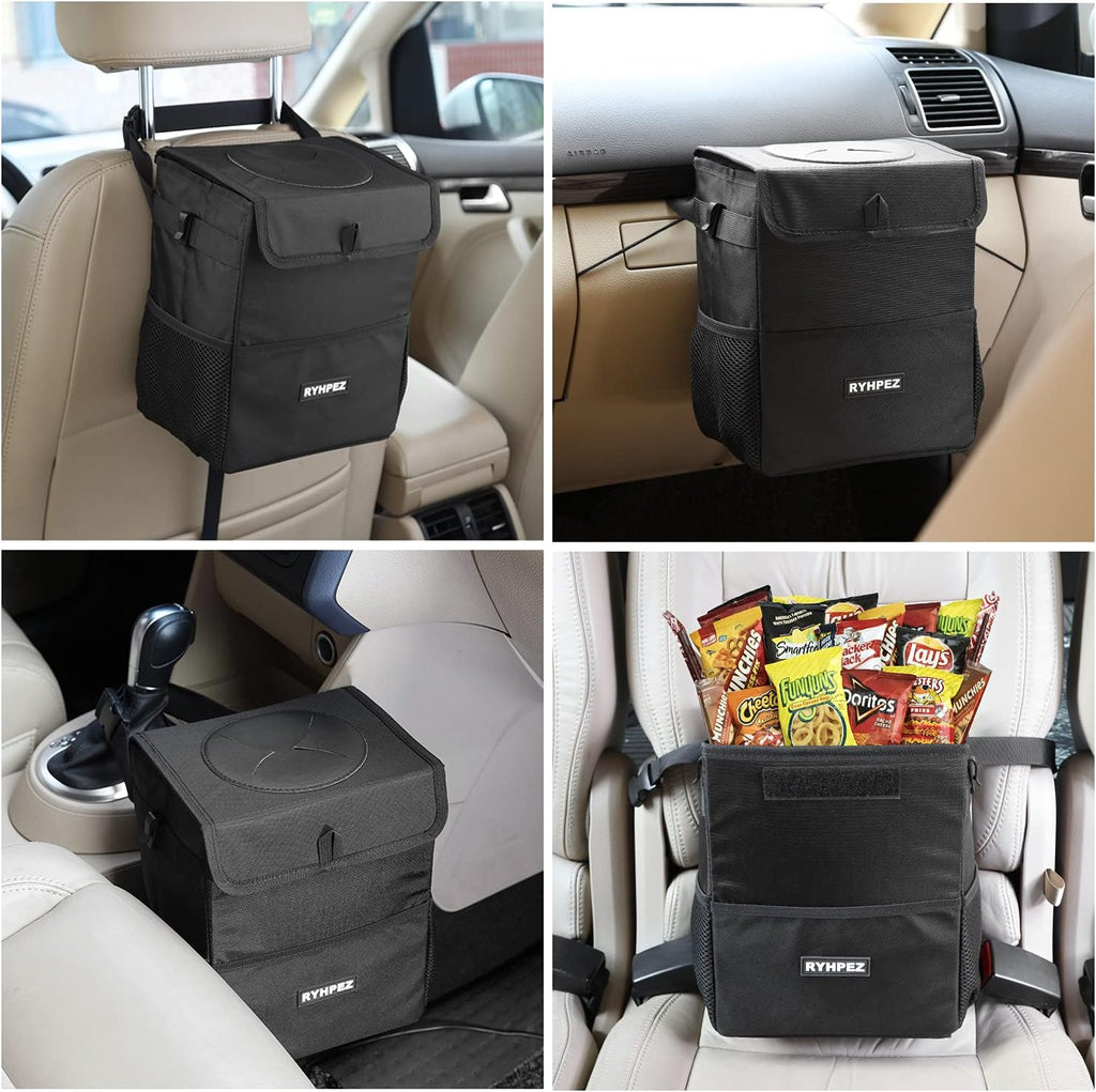 Ryhpez Car Trash Can with Lid - Car Trash Bag Hanging with Storage Pockets, Leakproof Collapsible Garbage Can with Solid Structure Support (Upgraded Version)