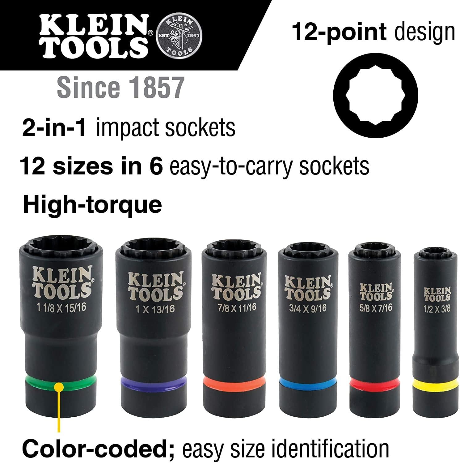 Klein Tools 66010 2-in-1 Impact Socket Set, 6-Piece Tool Set with 12-Point Deep Sockets with 1/2-Inch Drive, Includes Tool Case