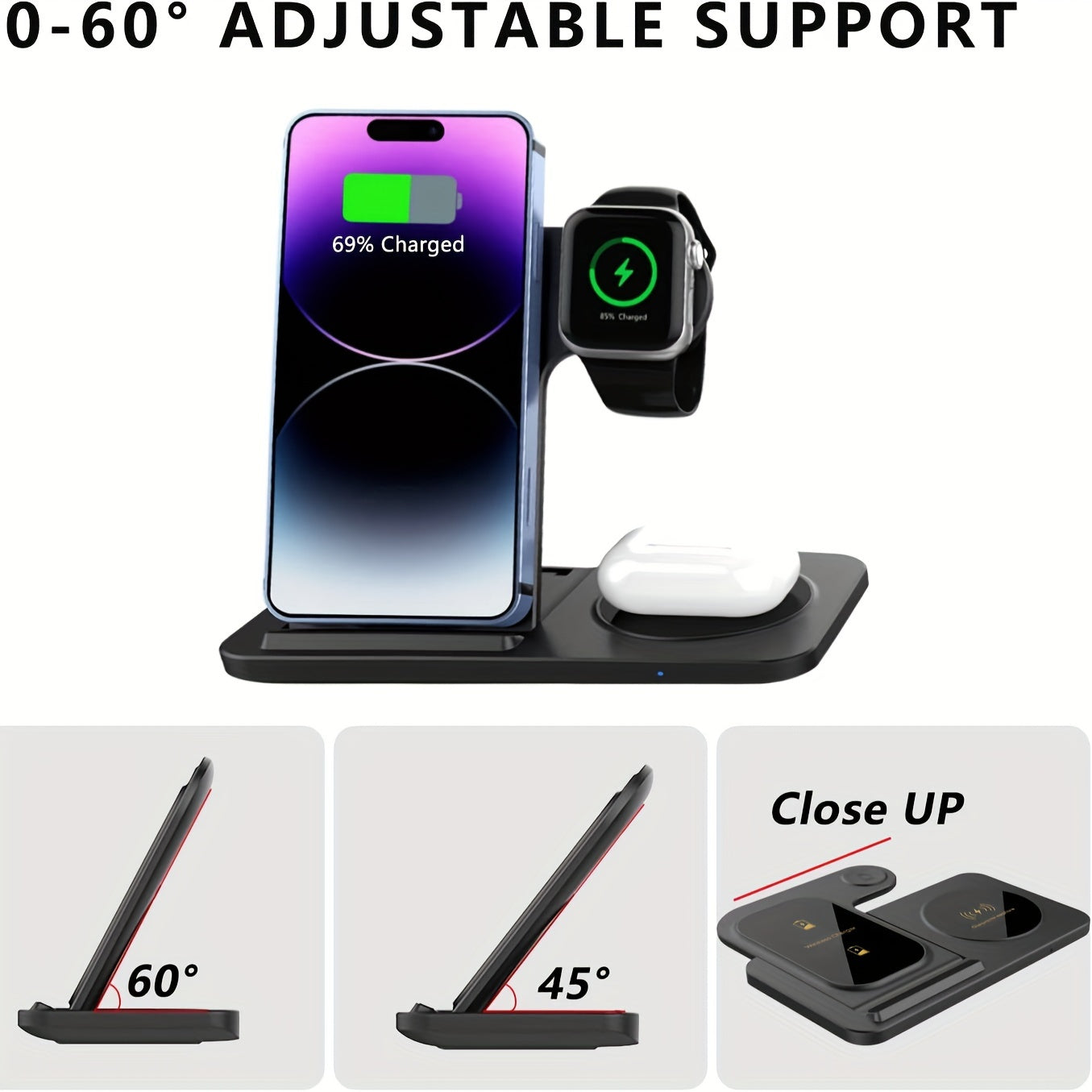 Wireless Charging Station For  Multiple Devices Foldable 3 In 1 Fast Charger Station Stand Dock For IWatch Series 8, 7, 6, SE, 5, 4, 3, 2, Airpods Pro 3, 2,  14Pro, 14, 13, Pro Max, 13 ,12, 11 Pro, X ,Max ,XS, XR, 8