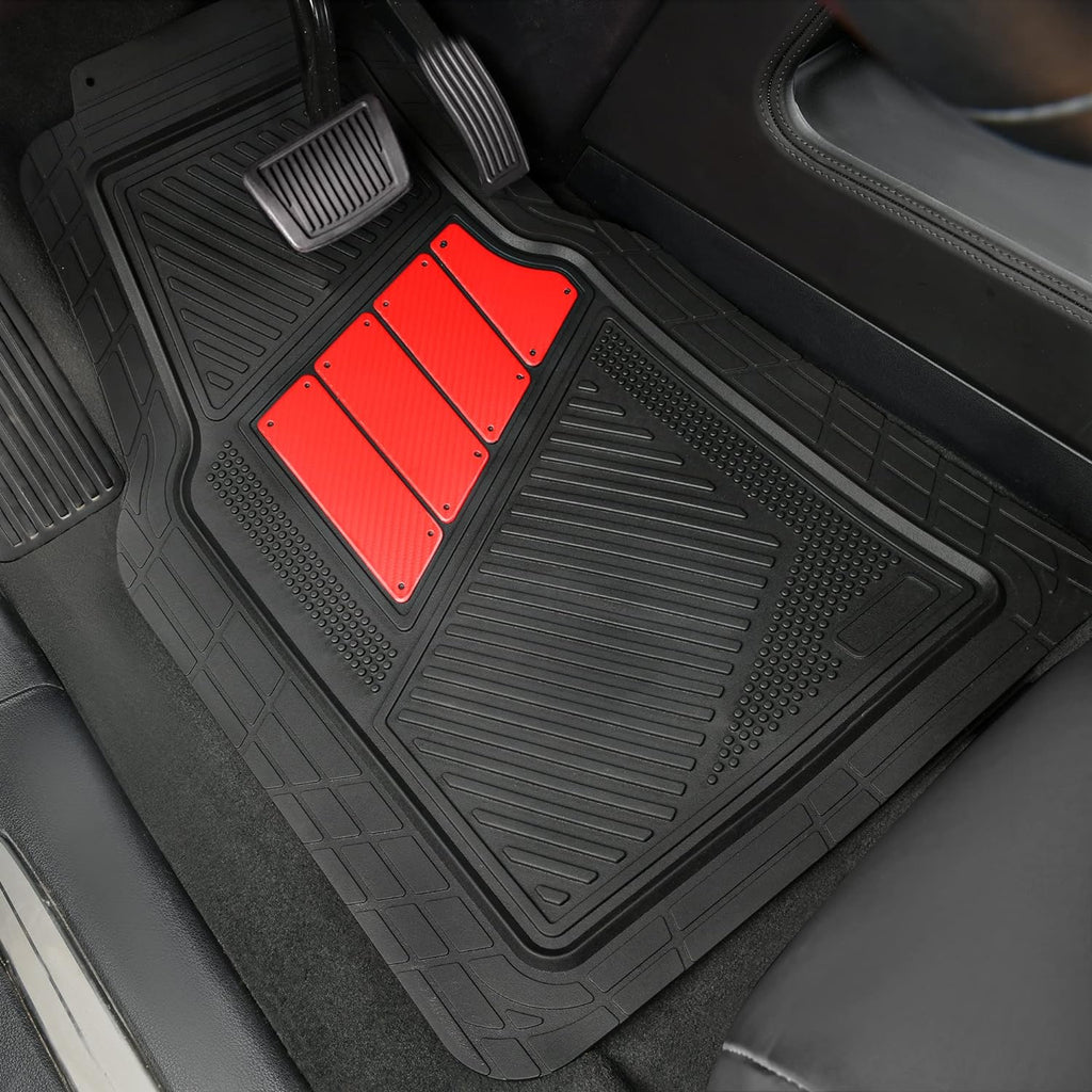 CAR PASS Heavy Duty Rubber Floor Mats 4-Piece Car Mat Set - Universal Waterproof Carbon Fiber Floor Mats for Car SUV Truck, Durable All-Weather Mats(Black and Red)