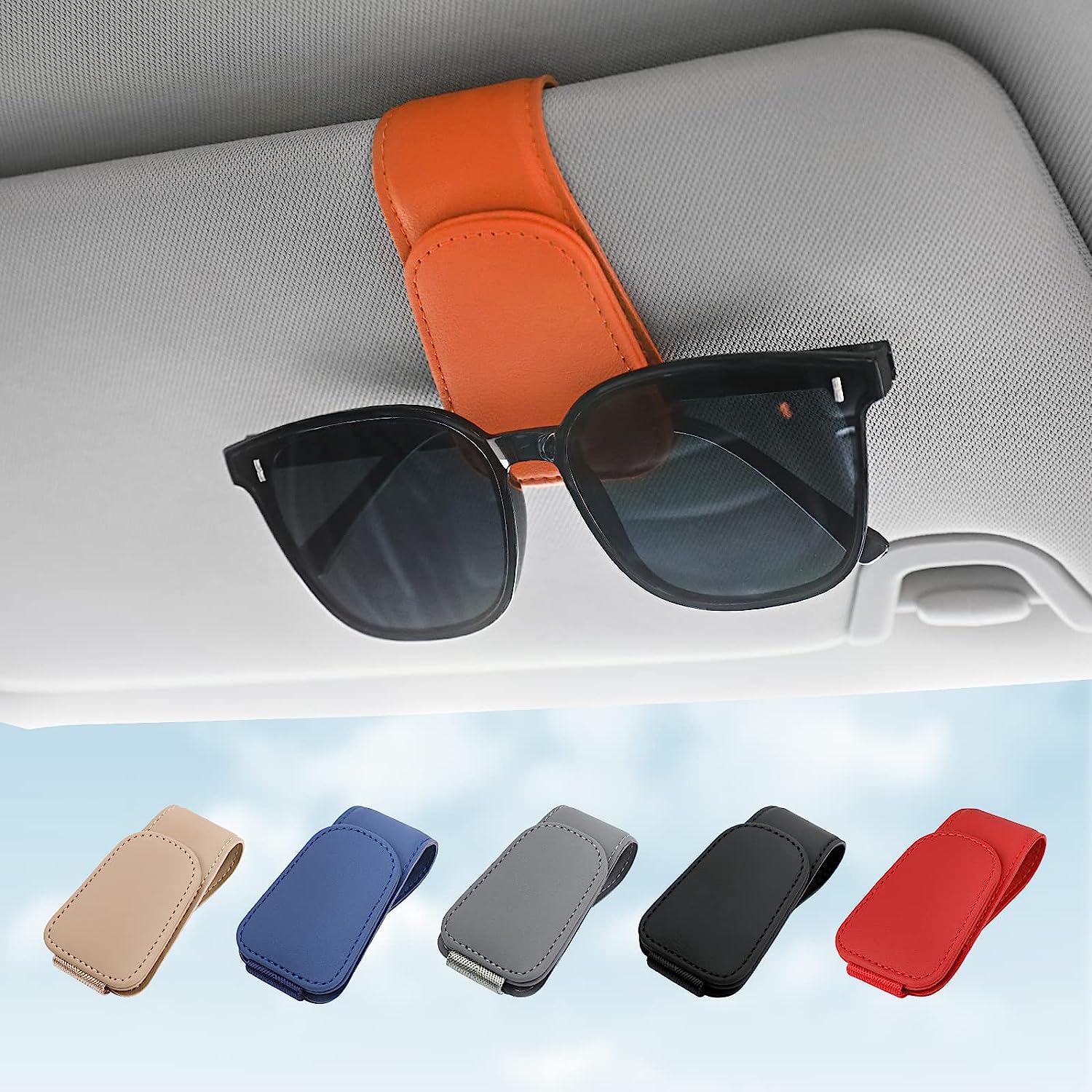 Sunglass Holder for Car Visor Sunglasses Clip Magnetic Leather Glasses Eyeglass Holder Truck Car Interior Accessories Universal for Woman Man -Orange