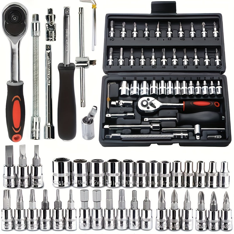 46pcs Car Repair Tool Kit, 1/4 Inch Drive Socket Ratchet Wrench Set,Combo Tools Kit Bicycle Auto Repairing Tool
