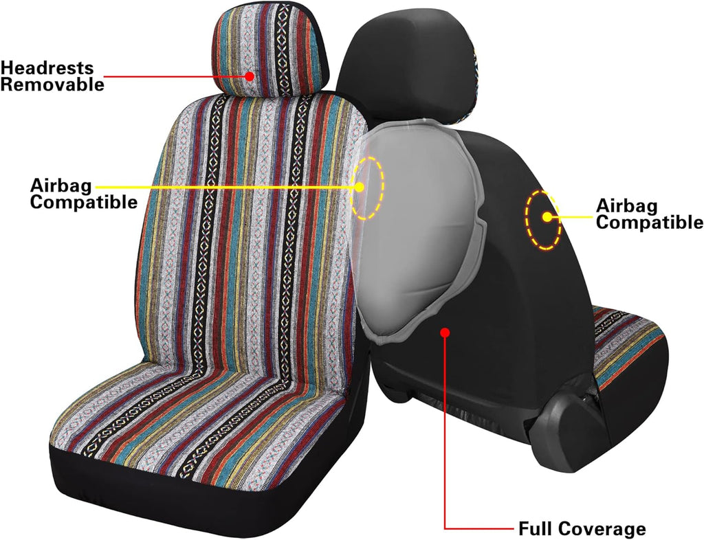 Pariitadin Baja Saddle Blanket Car Seat Covers Full Set with Seat Belt Pads, Washable Breathable Striped Woven Cloth Seat Covers for Cars Interior, Universal Fit Most Cars, Airbag Compatible, Red