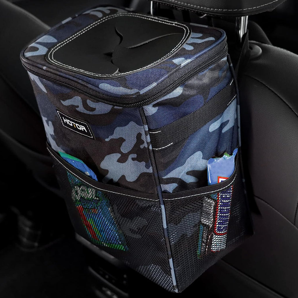 HOTOR Car Trash Can, Multifunctional Car Accessory for Interior Car Stuff Storage with Compact Design, Waterproof Car Organizer and Storage with Adjustable Straps, Magnetic Snaps (Camouflage Blue)