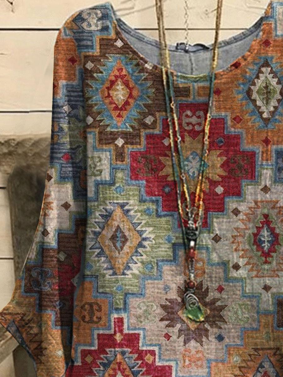 Round Neck Ethnic Geometric Print Loose Long-sleeved Blouse