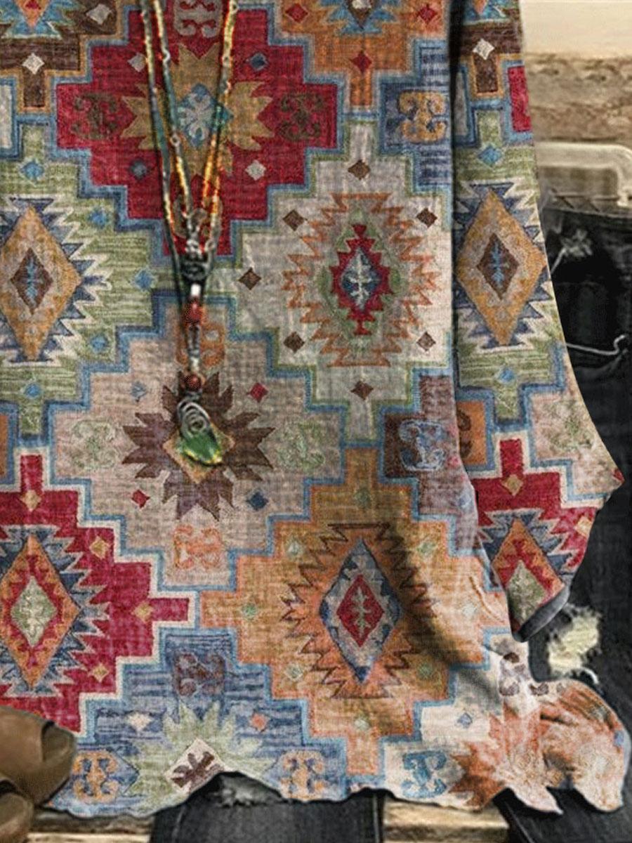 Round Neck Ethnic Geometric Print Loose Long-sleeved Blouse