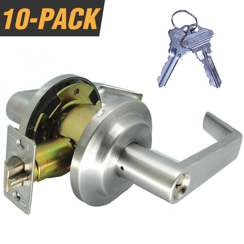 Heavy-Duty Satin Chrome Grade 2 Switch Style Entry Storeroom Lever Lock Set with 20 SC1 Keys (10-Pack,Keyed Alike)