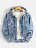 mens cotton button front outdoor stylish detachable hooded denim jacket with pocket