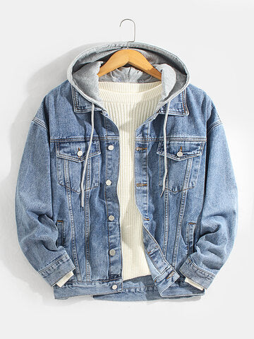 mens cotton button front outdoor stylish detachable hooded denim jacket with pocket