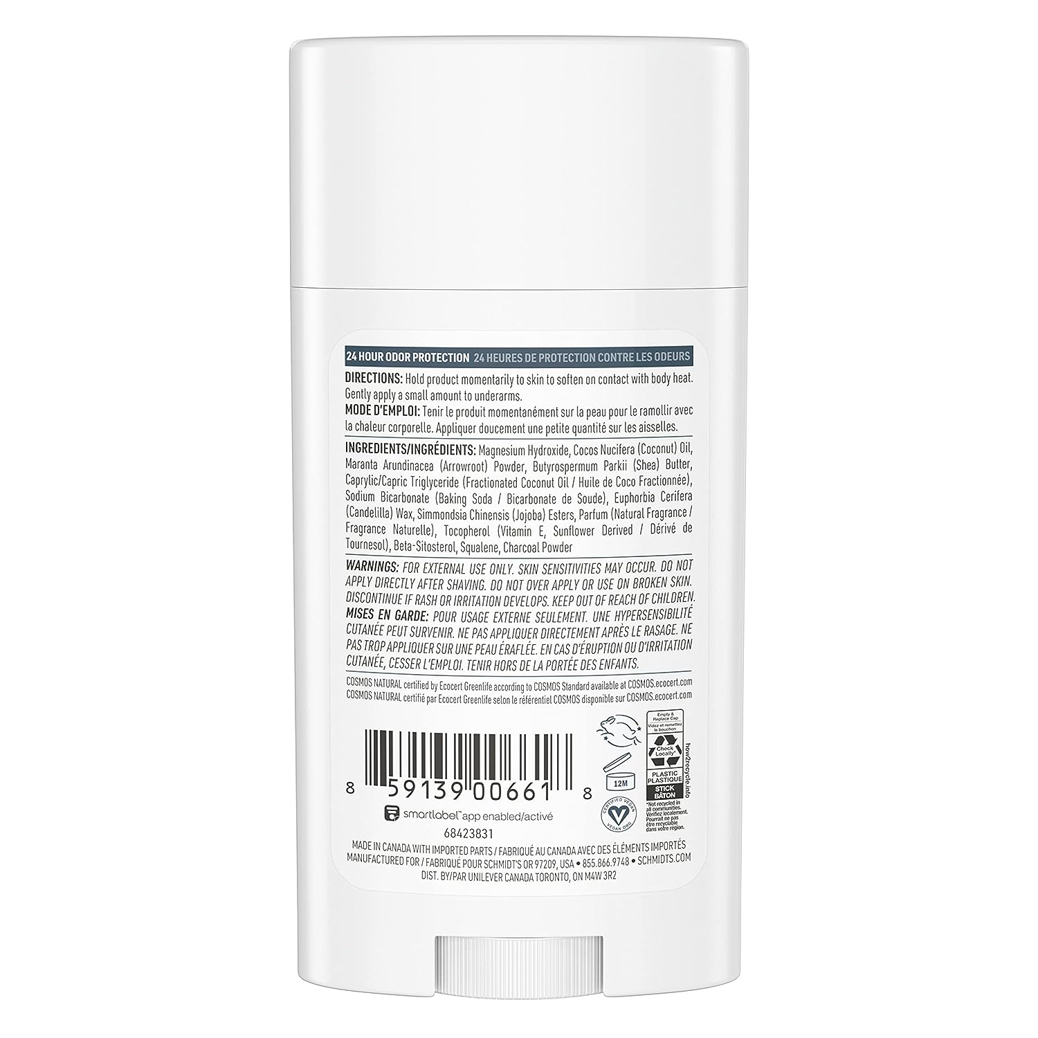 Schmidt's Aluminum Free Natural Deodorant for Women and Men, Charcoal and Magnesium with 24 Hour Odor Protection, Vegan, Cruelty Free, Fresh, 2.65 oz, Pack of 4
