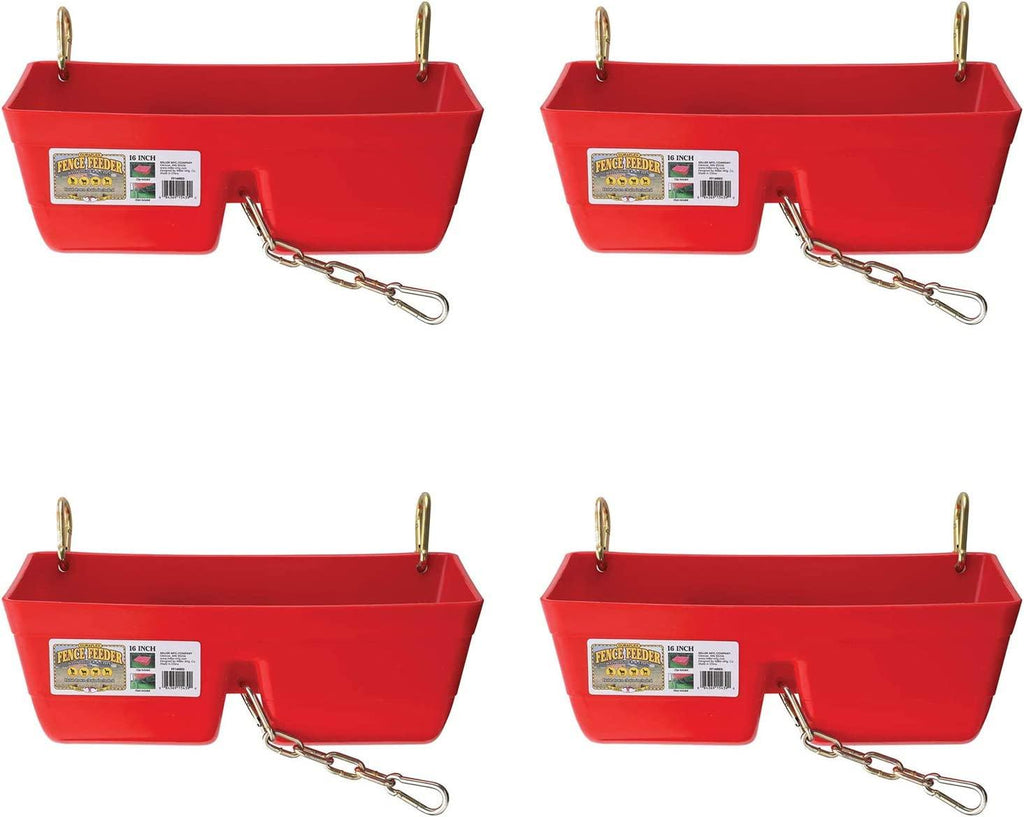 Little Giant FF16RED 9 Quart Heavy Duty Plastic Feed Trough Bucket Fence Feeder with Clips for Livestock & Pets, Red (4 Pack)