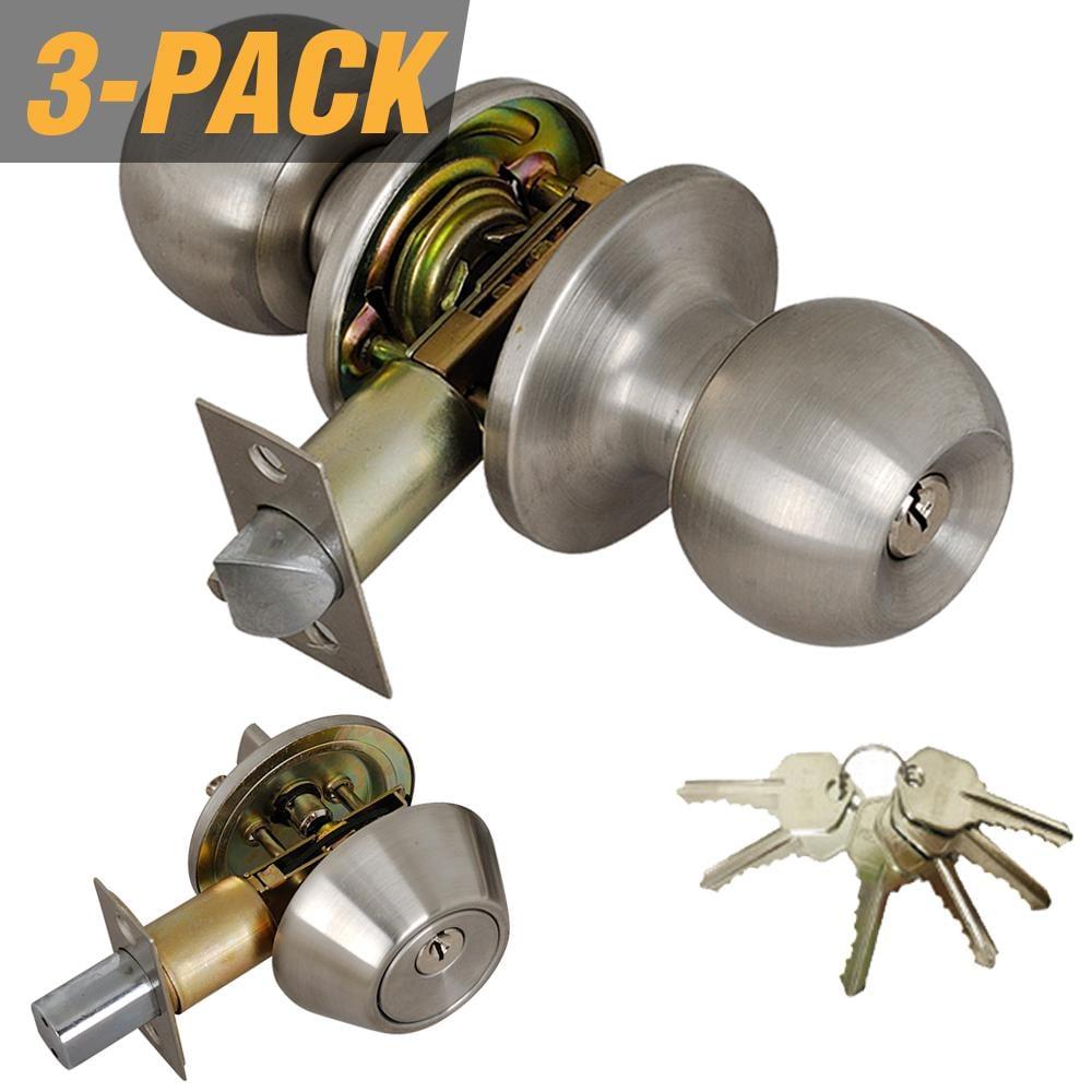 Steel Entry Door Knob Combo Lock Set with Deadbolt and 18 Keys Total, (3-Pack, Keyed Alike)