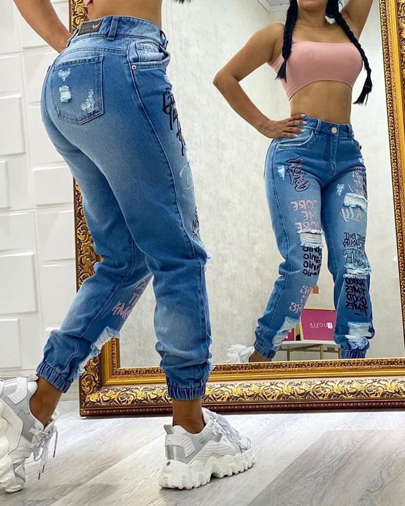 Letter Print Ripped Cuffed Jeans