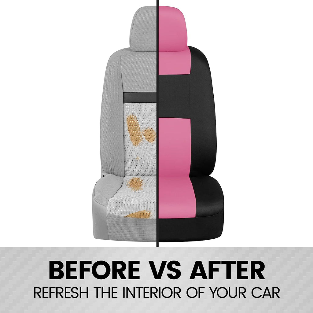 BDK PolyPro Car Seat Covers Full Set in Pink on Black – Front and Rear Split Bench Seat Covers for Cars, Easy to Install Car Seat Cover Set, Car Accessories for Auto Trucks Van SUV