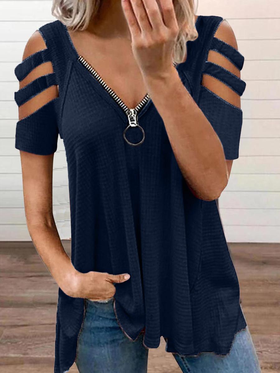 Casual V-Neck Zipper Short-Sleeved Solid Color T-Shirt