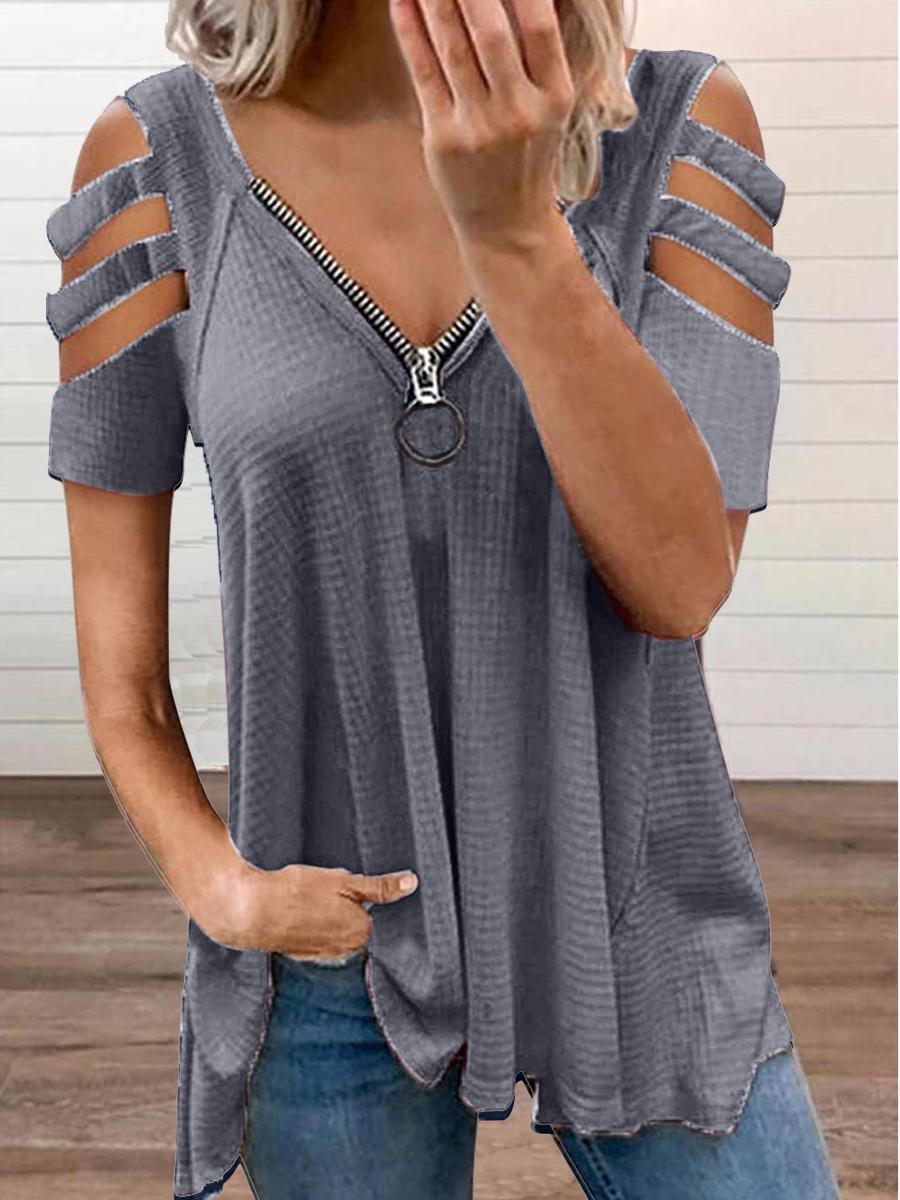 Casual V-Neck Zipper Short-Sleeved Solid Color T-Shirt