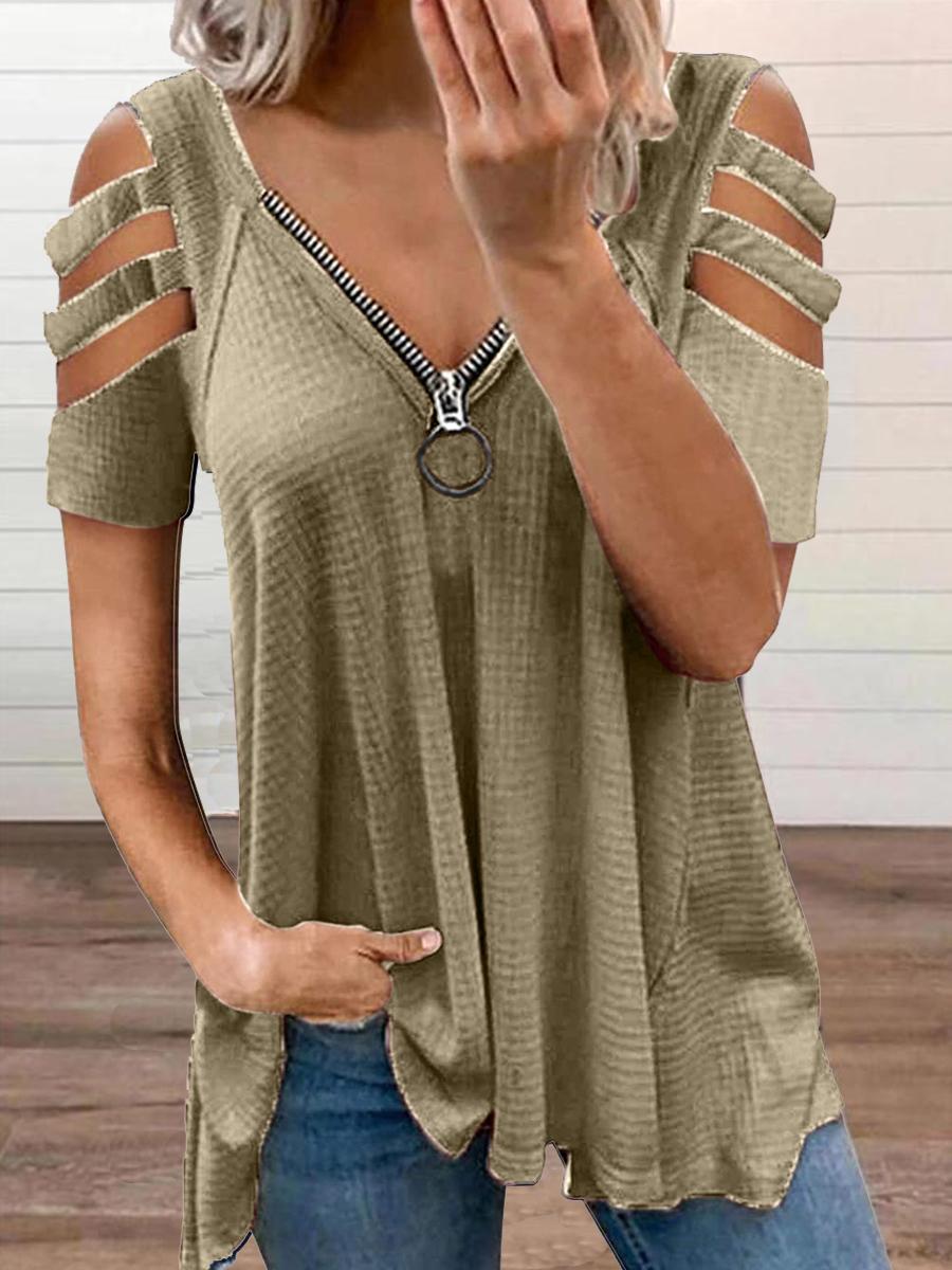 Casual V-Neck Zipper Short-Sleeved Solid Color T-Shirt