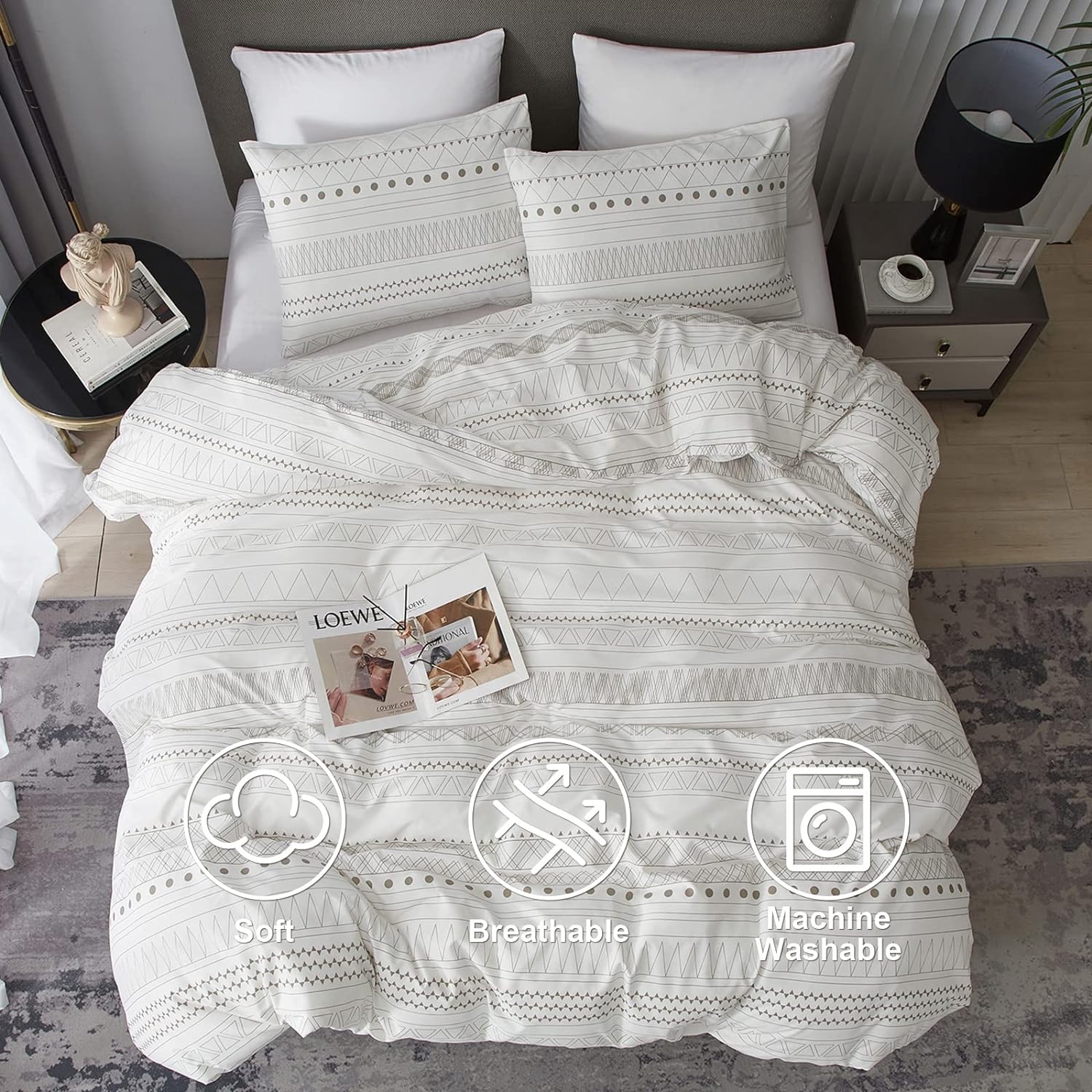 HYPREST Boho Duvet Cover King Size - Soft Boho Aztec White Duvet Cover with Taupe Waves and Traingles Lightweight, Oeko-TEX Certificated (No Comforter)