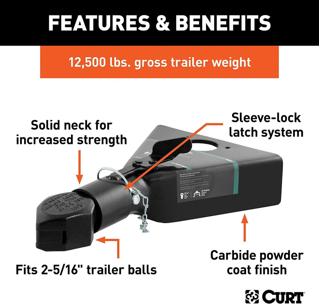 CURT 25227 Black A-Frame Trailer Coupler, 2-5/16-Inch Hitch Ball, 12,500 lbs
