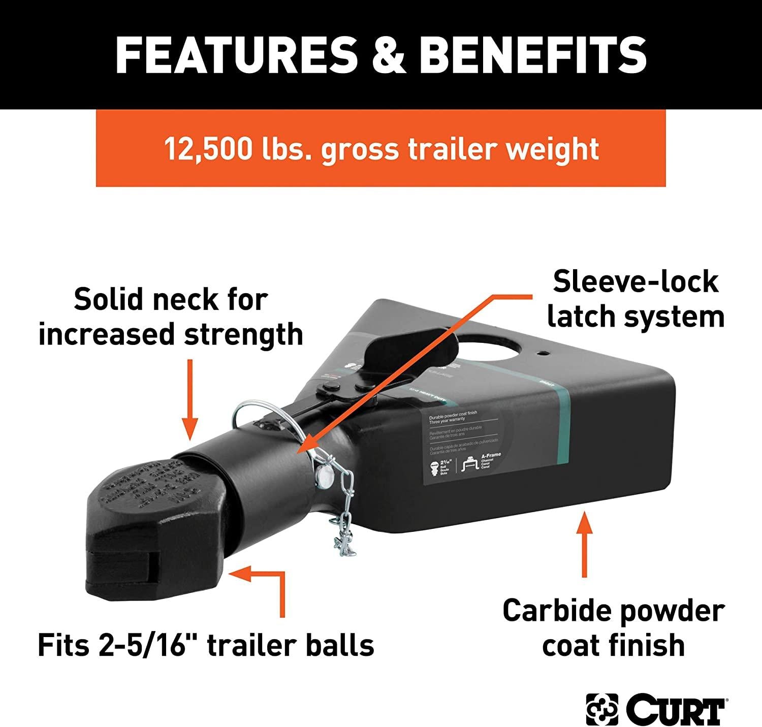 CURT 25227 Black A-Frame Trailer Coupler, 2-5/16-Inch Hitch Ball, 12,500 lbs