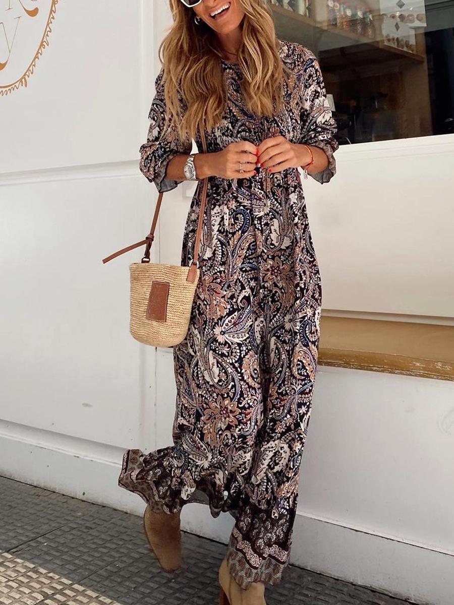 Fashion Paisley Print Smocking Maxi Dress Women