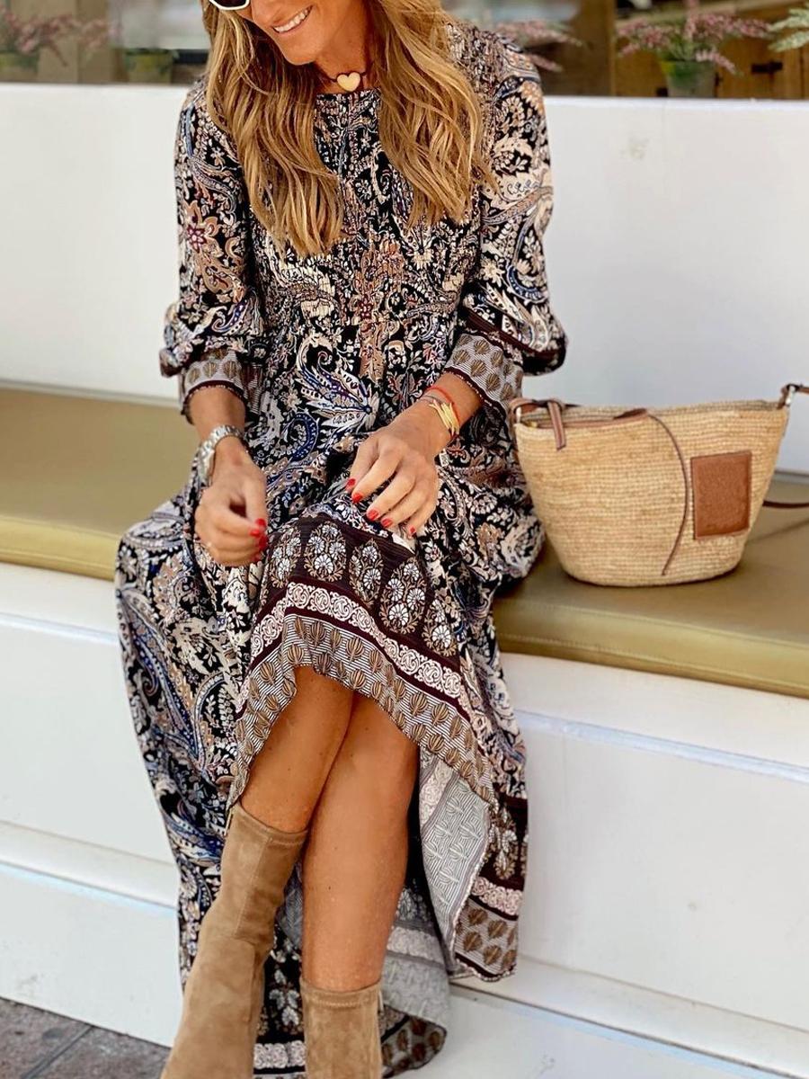 Fashion Paisley Print Smocking Maxi Dress Women