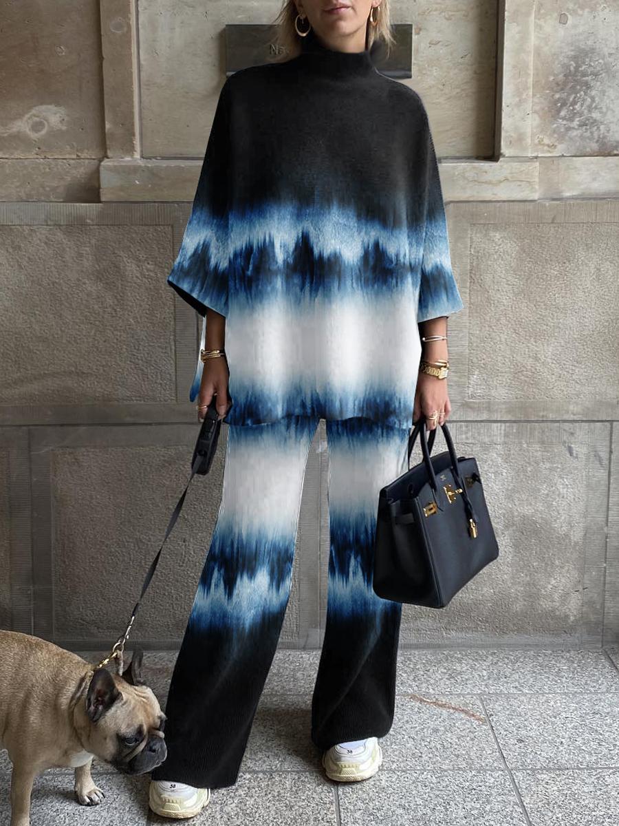 Ladies Fashion Tie Dye Gradient Blue Printed Suit