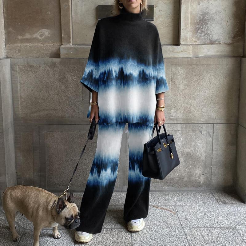 Ladies Fashion Tie Dye Gradient Blue Printed Suit