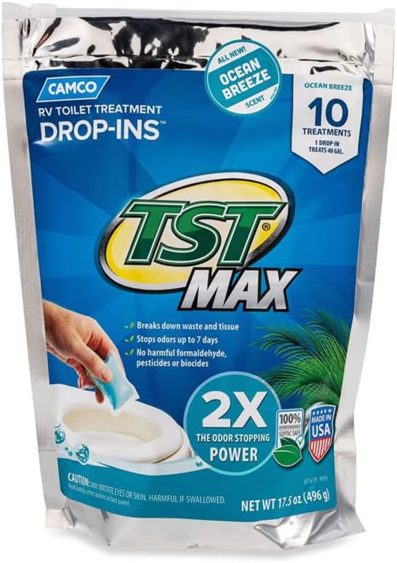 Camco TST MAX RV Toilet Treatment Drop-INs | Control Unwanted Odors and Break Down Waste and Tissue | Septic Tank Safe | Ocean Breeze Scent | 10-pack (41613)